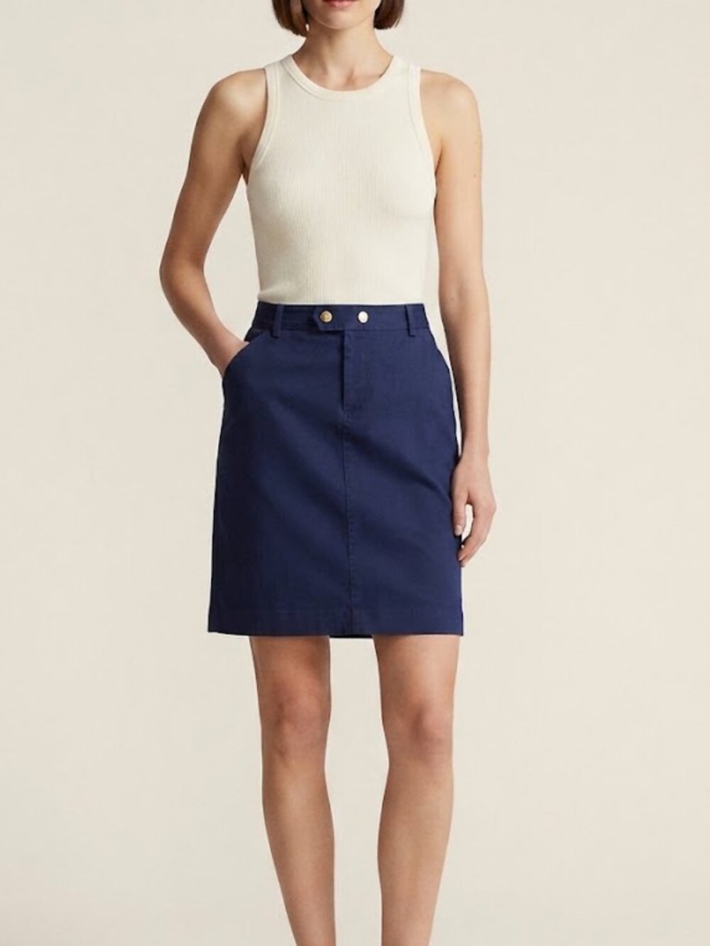 Lauren Ralph Lauren Navy Cotton-Blend Pencil Skirt with Gold RL Emblem Hardware